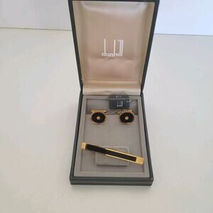 Dunhill Vintage Round Cufflinks Tie Clasp Clip Bar Set Black Onyx Gold Logo Box